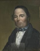A 19th century oil on board, a miniature portrait of a gentleman, in a birds-eye maple frame with
