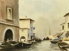 John Lawrence (b.1934), a signed watercolour on paper, Venetian scene, in a gilt frame. Frame H.48