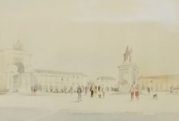 John Lawrence (b.1934), a signed watercolour, a triumphal arch with figures. Framed and glazed.