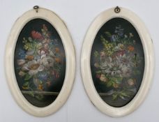 A pair of 19th century miniature still life oils on copper, vases/urns with flowers, in oval bone