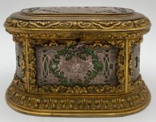 A 19th century gilt metal jewellery casket with a velvet lining and engraved silver plated mounts to