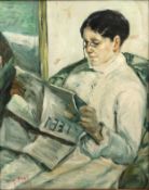 In the manner of Georges Picard, a framed oil on canvas, woman reading a paper, signed. H.63 W.