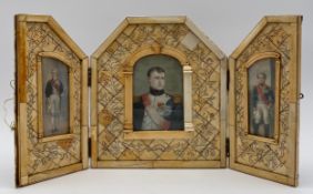 A triptych of 19th century miniature oil portraits of Napoleon Bonaparte and other officers in