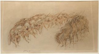 A framed and glazed pen on paper study of the string section of an orchestra, indistinctly signed.