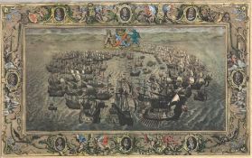 An 18th century framed and glazed hand coloured engraving; The Battle of the Isle of Wight,