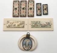 Three Indian miniature paintings on bone and five ebony and bone box lids. H.10 W.11cm (largest).