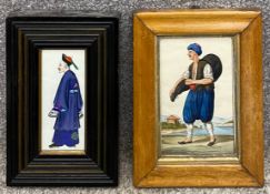 Two cut-out figures on card; one a gouache, Chinese figure in dress, the other a watercolour on card