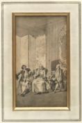 A 19th century inkwash on paper, figures in a grand interior, framed and glazed. H.30 W.24