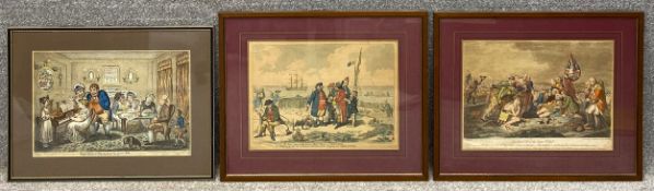 Three 18th and 19th century hand coloured satirical engravings titled 'The Farmer Giles and His