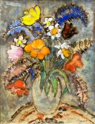 An acrylic still life on paper, vase with flowers, indistinctly signed. Framed and glazed. H.83 W.