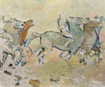 An acrylic on board, mid century stylised bareback jockeys and horses, possibly Il Palio. Framed.
