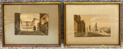 A pair of 19th century ink and watercolours, gentry on the Grand Tour. Both framed and glazed. H.