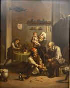An 18th or early19th century genre painting on tin, daily life of a family in the home, in a gilt