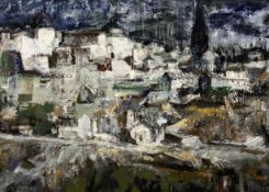 Miquel Llabres (1930-1983), mixed media painting on canvas, townscape, signed and titled Toledo with