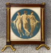 A 19th century mahogany and gilt fire screen with glazed inset coloured stipple print depicting
