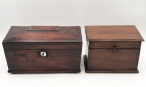 A Regency mahogany fitted tea caddy along with a 19th century oak box. H.18 W.30cm (largest).