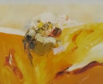 An indistinctly signed abstract composition, acrylic on canvas mounted on board. Framed and