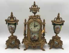A 19th century French style gilt metal and ceramic clock garntiture, the movement marked Franz