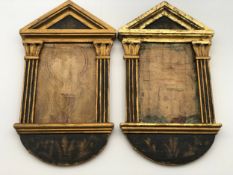 A pair of hand decorated icons in gilt and painted classical temple style frames. H.35 W.21cm.
