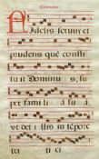 A prayer sheet featuring Latin Gregorian chant with musical notation on vellum, framed and glazed.
