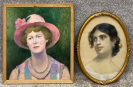 Two artworks to include a 19th century pastel portrait of a lady with gallery/art fair label and
