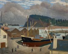 Osmund Caine (1914-2004), oil on canvas mounted on board, harbour scene with figures, signed with