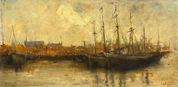 Alma Gogin (1854-1948), oil on board, moored sailing boats, initialled and signed, titled and