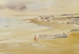 John Lawrence (b.1934), a signed watercolour, coastal scene, label to the reverse. Framed and