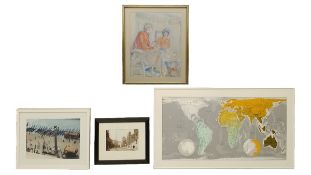 An oil pastel on paper: Conversation Piece, signed Tomoko Smith. H.78 W.65cm. Along with two