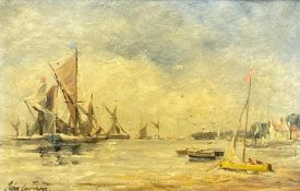 John Lawrence (b.1934), a signed and dated oil on board of moored sail boats, titled 'On the