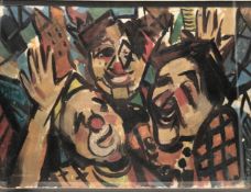 Oil on board, a study of three clowns, signed Valdes, framed. W.49 H.59