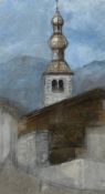 A pencil and watercolour study of a church spire, signed Dodd (?). Window mounted and glazed in a