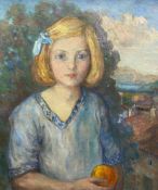 An oil on canvas, portrait of a young girl holding an orange, indistinctly signed, dated 1915 in a