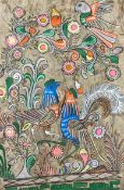 An acrylic painting on marbled paper, exotic birds among foliage, mounted on a woven backing. Framed