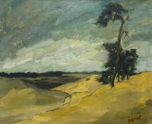 An oil on canvas, impressionist style landscape, indistinctly signed, framed. H.66 W.76cm