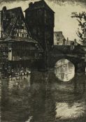 An indistinctly signed etching of a river and buildings in Nuremburg. Dated 1920 in plate, with
