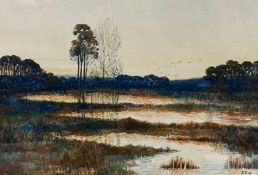 An early 20th century watercolour landscape, waterlogged marshland at dawn, initialled and dated A.