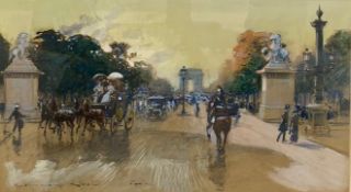 George Stein (1864-1917), a signed impressionist watercolour on paper, figures and carriages with