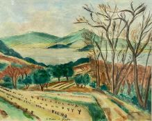 Andre Dunoyer de Segonzac (1884-1974), ink and watercolour landscape, farmland with a lake and