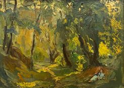 A gilt framed oil on board, a figure by a woodland path, indistinctly signed and titled and