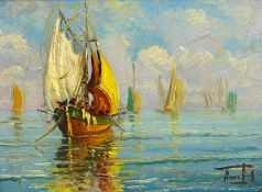 A mid century oil on board, Mediterranean ships at sea, indistinctly signed, in a gilt frame. H.30
