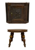 A small stained and painted 19th century stool with satinwood inlaid and turned legs. H.21 Dia.