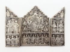 A Greek style 875 silver hallmarked icon comprising three panels in the form of a triptych,