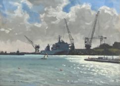 John Webster (1932-2020), oil on board; Falmouth Docks, signed with gallery label to the reverse.