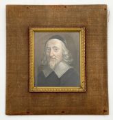 A miniature portrait of Peter du Moulin in oil pastel on board, in a brass and velvet surround, with