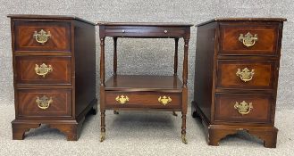 A pair of Georgian style mahogany bedside chests of drawers with satinwood inlay and brass