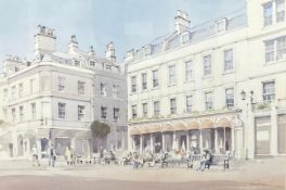 Jeremy Barlow (1945-2020), a framed and glazed watercolour, a street scene in Bath, signed with