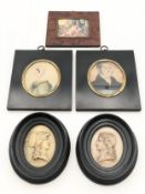 A pair of 19th century miniature portrait paintings, a similar classical scene and two moulded