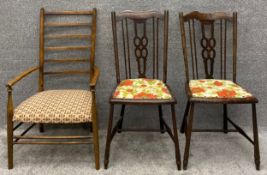 A late 19th century Liberty and Co. style beech framed ladderback armchair with needlework