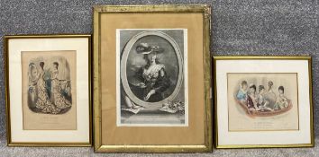 Three 19th century hand-coloured engravings, framed and glazed. H.66 W.53cm.
